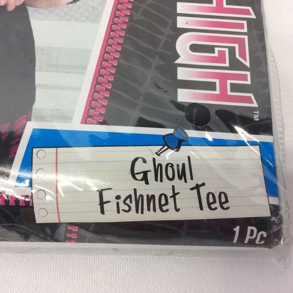 Monster High Ghoul Fishnet Black T-Shirt Costume Skullette W/Pink Bow Sz M(8-10)